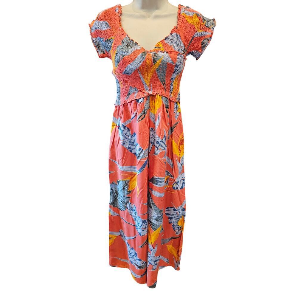Patrons of Peace coral tropical print smocked jumpsuit S wide leg cropped beach